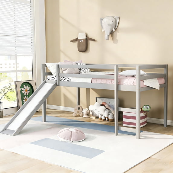 Bellemave Twin Loft Bed with Slide, Wood Low Loft Bed with Climbing Ladder & Storage Space, Twin Size Beds for Teen, No Box Spring Needed (Gray)