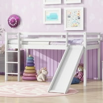 Bellemave Loft Bed with Slide, Wood Low Loft Bed Frame for Kids, Twin Size Bed with Climbing Ladders for Boys or Girls(White)
