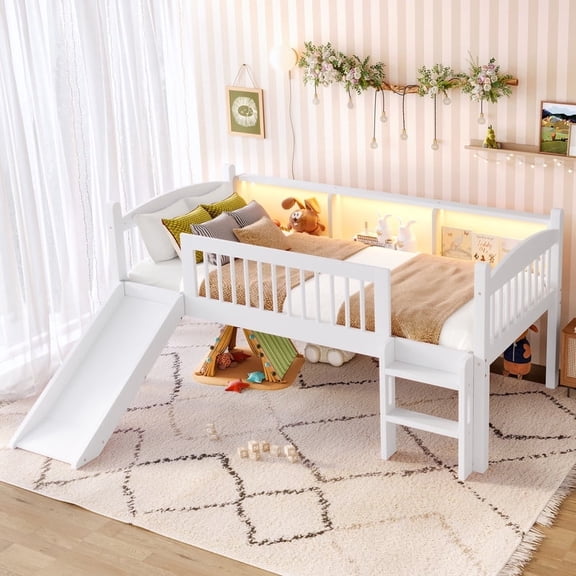 Bellemave Low Loft Bed Twin with Slide, Loft Bed with Bookcase and LED Lights, Wood Twin Size Loft Beds Frame with Storage Shelves, No Box Spring Needed (White)