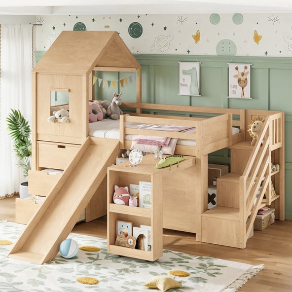 Bellemave Low Twin Size Loft Bed with Slide, Desk, Stairs and Storage, Wood House Loft Bed Frame with 3 Drawers and Shelves, Space Saving Design for Kids Boys Girls(Natural)