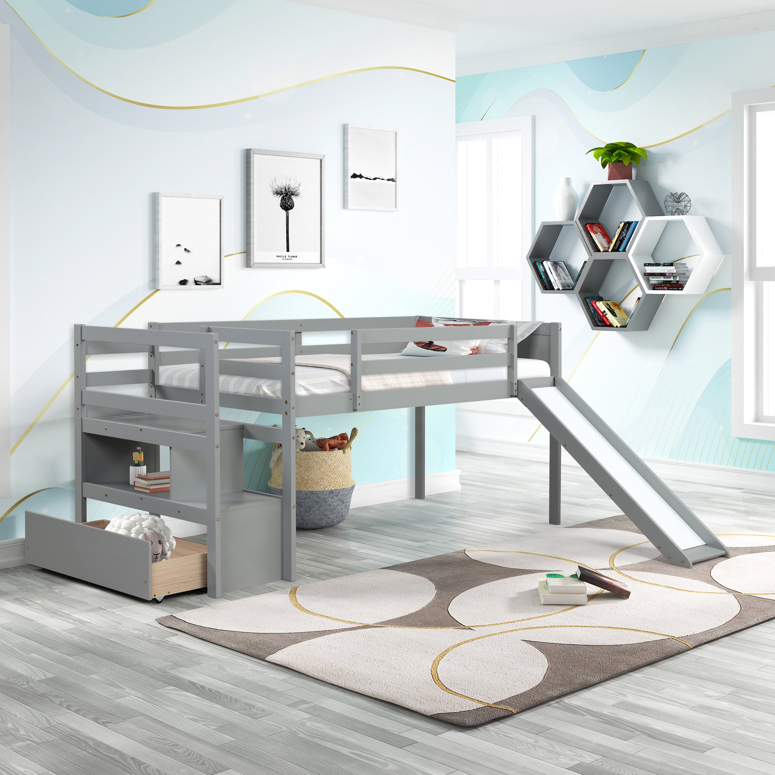 Bellemave Solid Wood Twin Size Loft Bed with Slide, Stairs, Storage ...