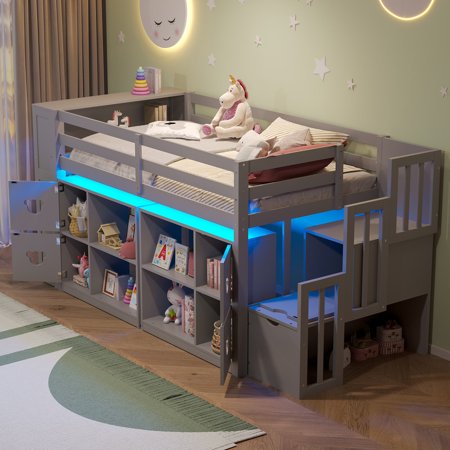 Bellemave Low Loft Bed with Stair and LED Light, Twin Size Loft Beds with Bookshelf Headboard, Wood Twin Bed with Storage Shelves and Clothesrod, Under-Bed Play Space(Gray)