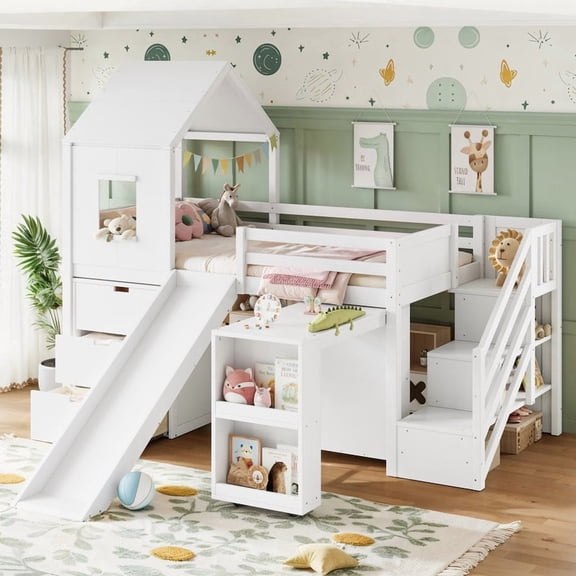 Bellemave Low Twin Size Loft Bed with Slide, Desk, Stairs and Storage, Wood House Loft Bed Frame with 3 Drawers and Shelves, Space Saving Design for Kids Boys Girls(White)
