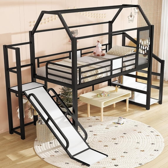 Bellemave Black metal twin size house loft bed with slide and stairs, storage shelves, and large space underneath