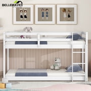 Bellemave Low Bunk Bed Twin over Twin Floor Bunk Bed with Guardrails and Ladder Doubled as Twin Loft Solid Wood Twin Bunk Bed Frame for Teens White