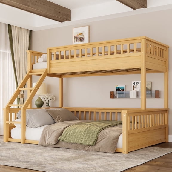 Bellemave Twin XL Over Queen Bunk Bed, Wood Bunk Bed Frame with 21.7" High Guardrail, Converts to 2 Individual Beds, Space Saving Floor Bunk Beds Design for Teen Adults, Natural