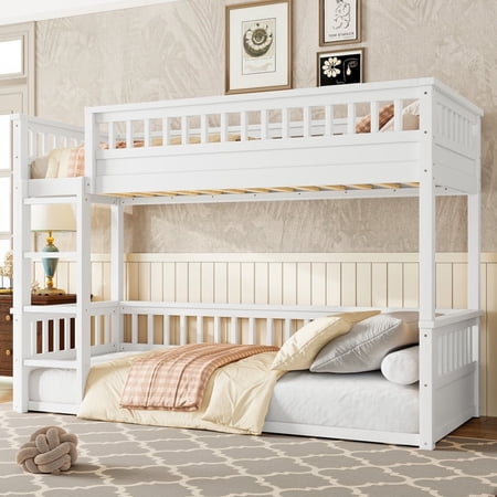 Bellemave Twin XL Over Twin XL Bunk Bed, Wood Bunk Bed Frame with 21.7" High Guardrail, Converts to 2 Individual Beds, Space Saving Floor Bunk Beds Design for Teen Adults,White