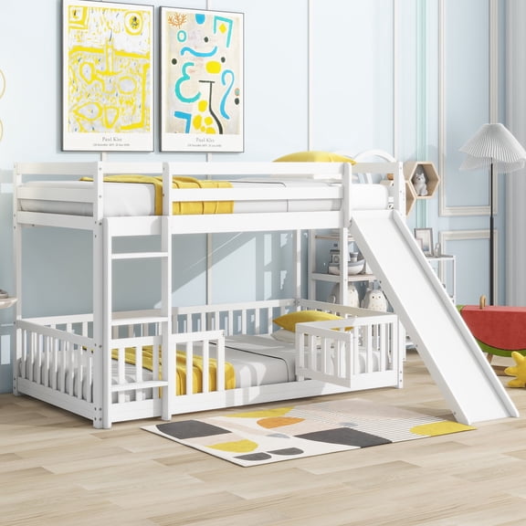 Bellemave Low Bunk Bed with Slide, Wood Twin Over Twin Bunk Beds with Fence Railings, Floor Bunk Beds for Bedroom (White)
