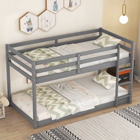 Bellemave Low Bunk Beds Twin Over Twin, Wooden Floor Bunk Bed Frame Built-in Ladder for Toddler Girls Boys (Gray)