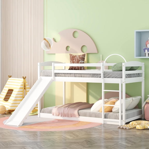 Bellemave Low Bunk Beds Twin Over Twin with Slide, Wooden Floor Bunk Bed Frame Built-in Ladder for Toddler Girls Boys (White)