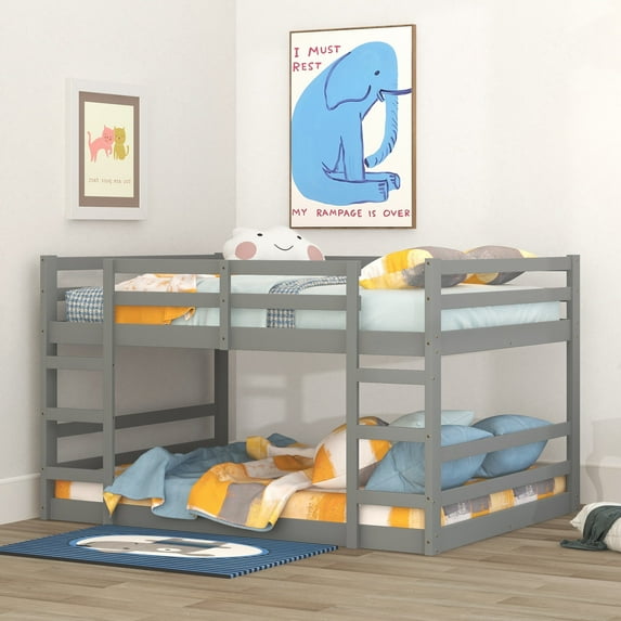 Bellemave Low Full Over Full Bunk Beds, Juniors Floor Bunk Bed with Ladder and Guardrails, Wood Full Bunk Bed for Teens, Gray