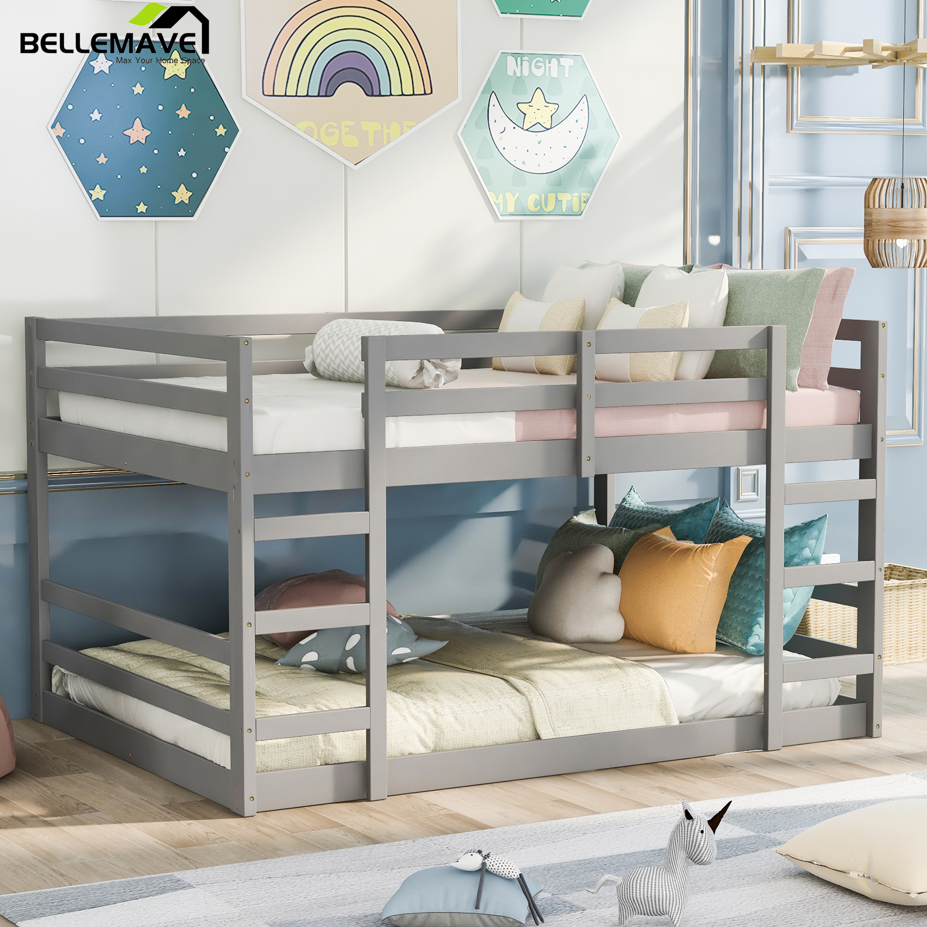 Bellemave Low Full Over Full Bunk Beds, Juniors Floor Bunk Bed with