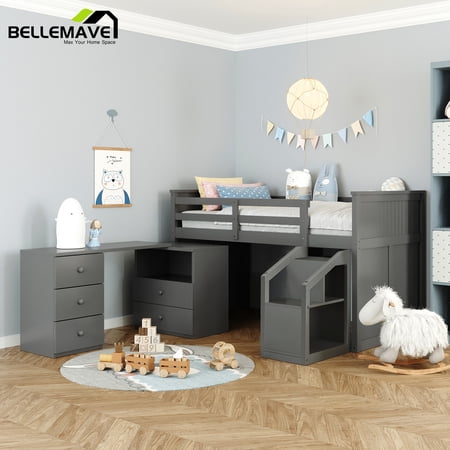 Bellemave Low Height Grey Loft Bed Twin Size With Storage Steps, Desk and 5 Drawers for Teen, Wood Twin Size Loft Bed with Movable Storage Drawers and Stair