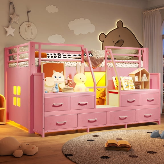 Bellemave Low Loft Bed with 8 Storage Drawers Twin Loft Bed with Bookshelf ,LED Lights & Under-Bed Play Space, Kids Loft Frame with Storage Stairs Guardrail & Inclined Ladder, Pink Loft