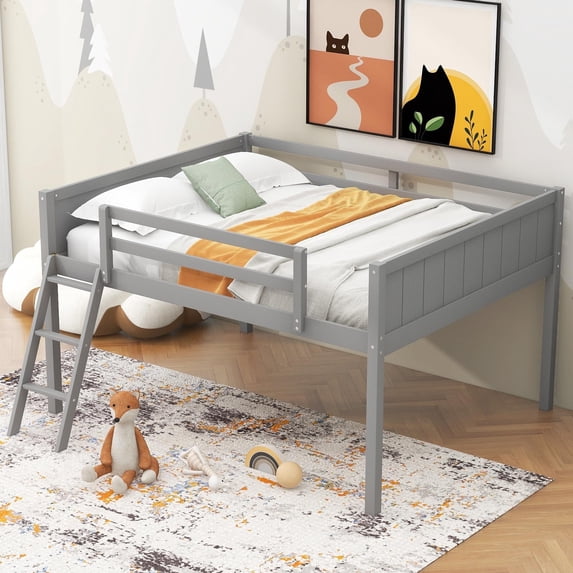 Bellemave Low Loft Bed Full Size, Solid Wood Loft Bed Frame with Climbing Ladder, Lower Storage Space Loft Beds for Junior, No Box Spring Needed(Gray)