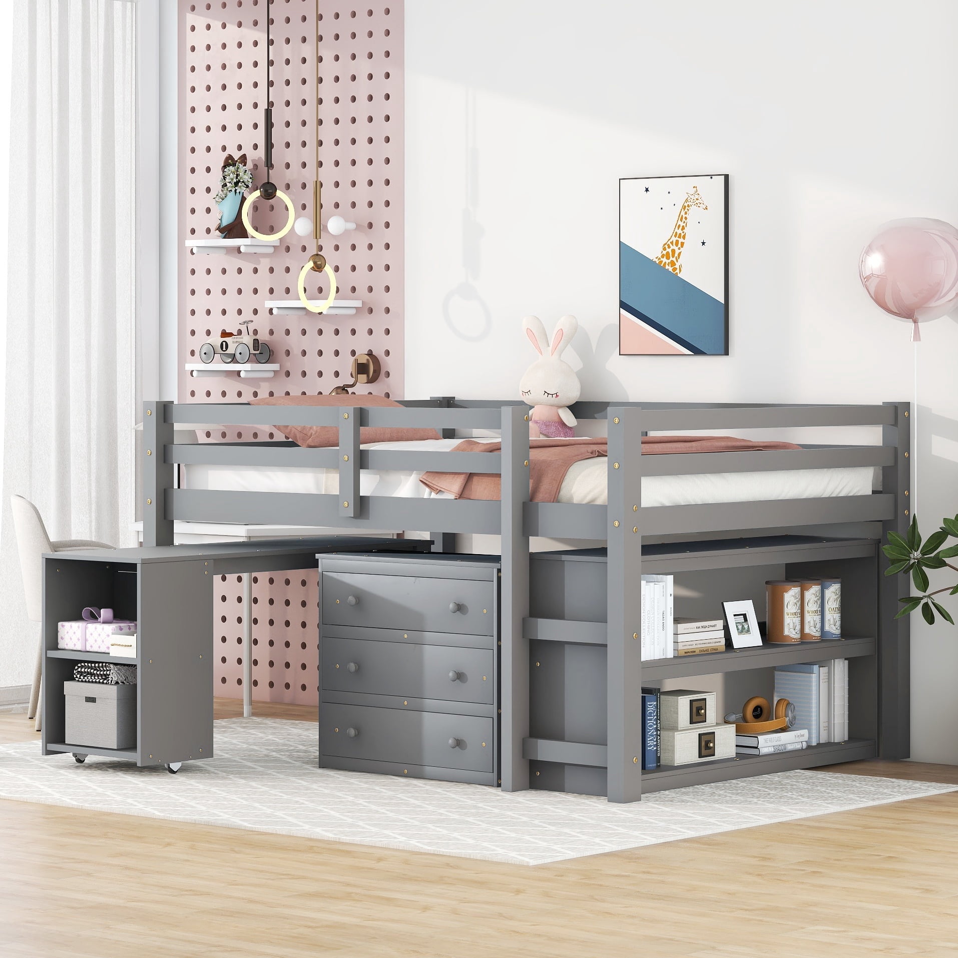 Bellemave Low Loft Bed with Movable Desk and Storage, Wood Full Size ...