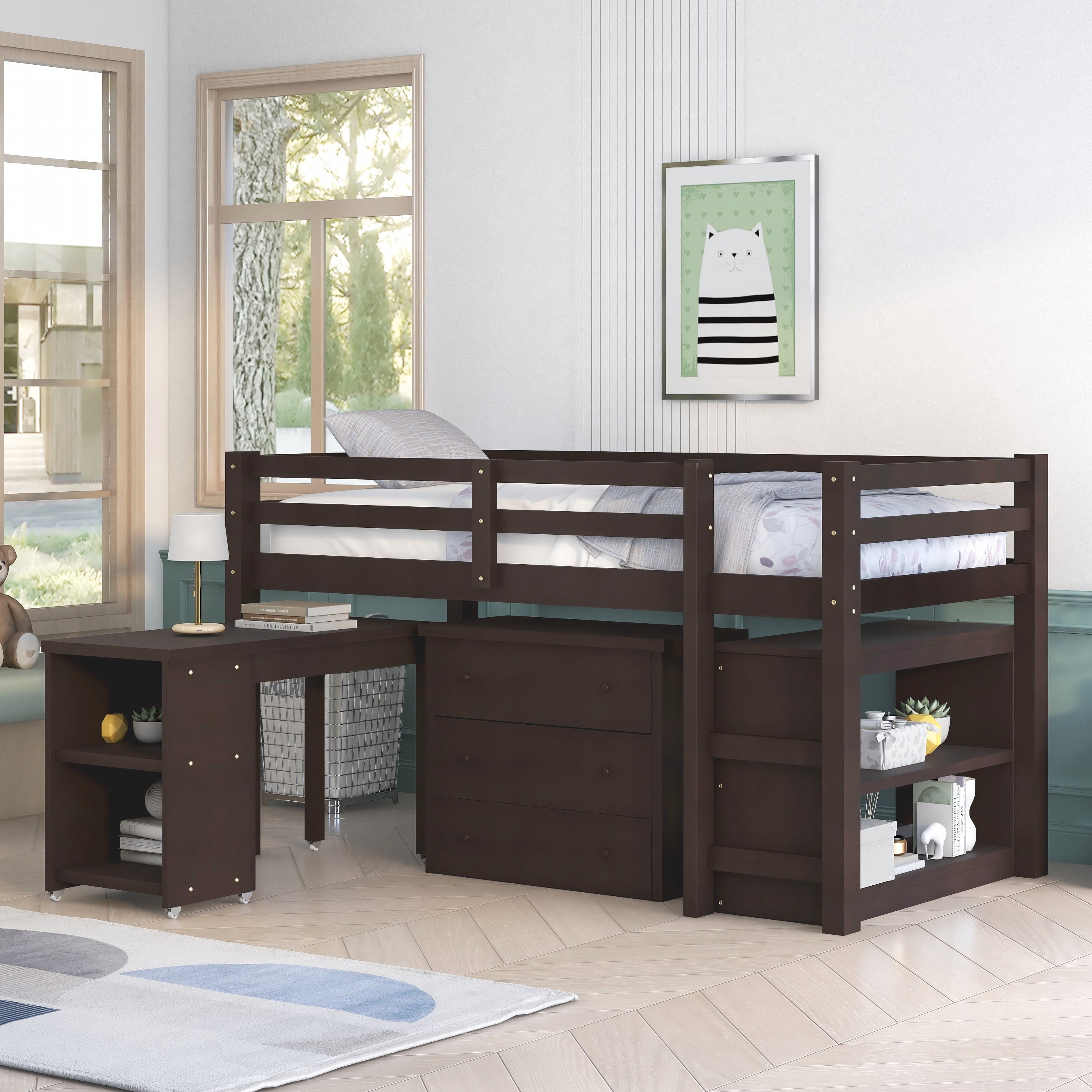 Bellemave Low Loft Bed with Movable Desk and Storage, Wood Twin Size