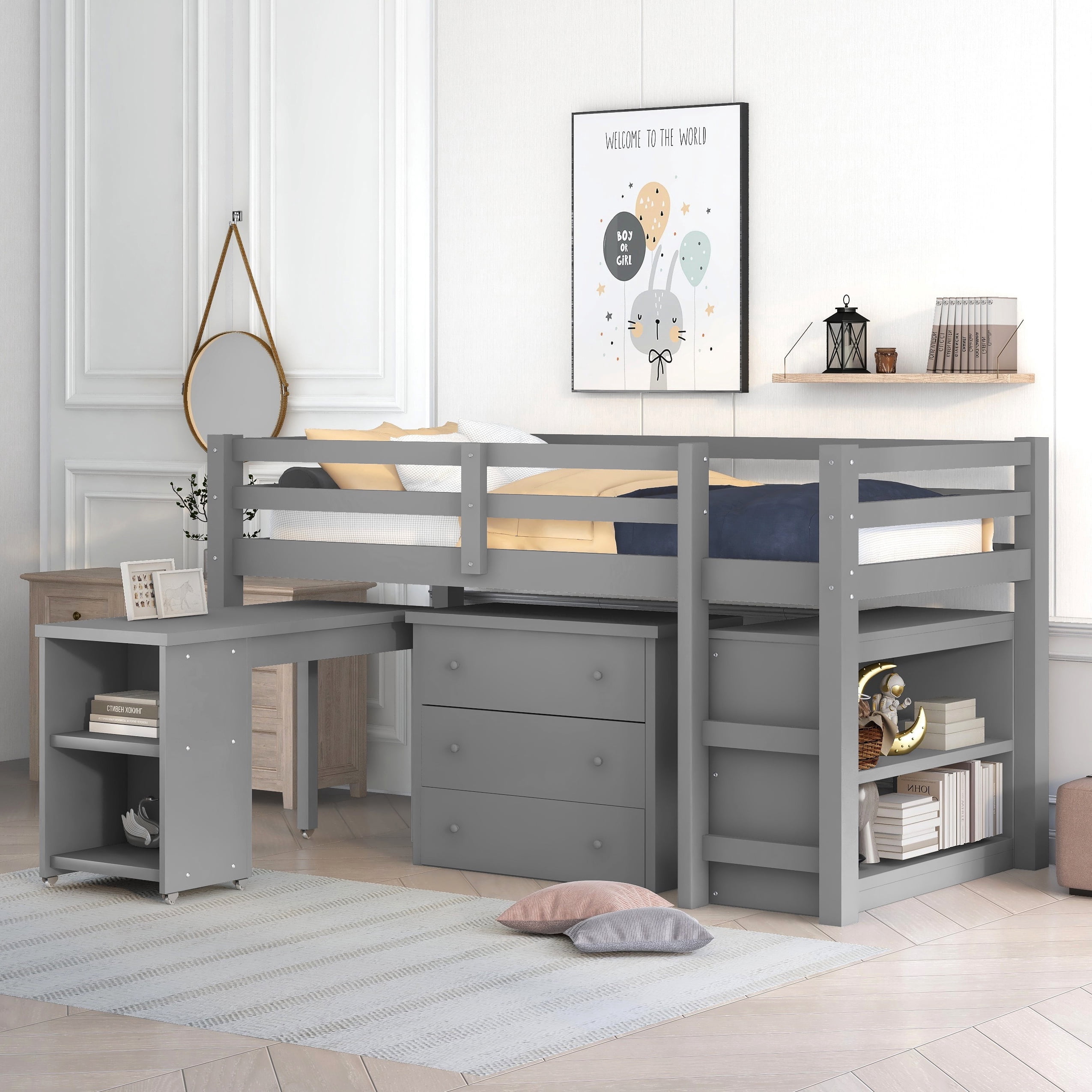 Bellemave Twin Size Low Loft Bed with Movable Desk, Storage, Bookcase ...
