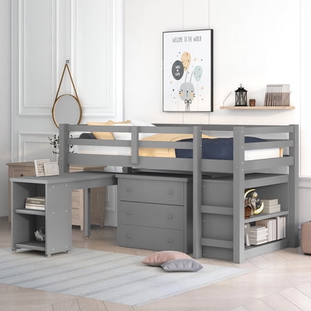 Bellemave Low Loft Bed with Movable Desk and Storage, Wood Twin Size Loft Bed with Drawers and Bookcase Shelf, Loft Bed with Cabinet for Teen Bedroom(Gray)