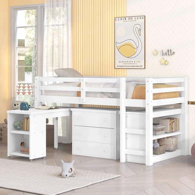 Bellemave Low Loft Bed with Movable Desk and Storage, Wood Twin Size ...