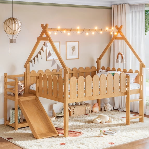 Bellemave Low Loft Bed with Slide and Lights Strip, Wood Full Size House Roof Low Loft Beds Frame with Storage Shelves, Under Bed Storage, No Box Spring Needed (Natural)