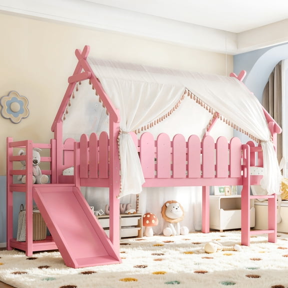 Bellemave Low Loft Bed with Slide and Lights Strip, Wood Twin Size House Roof Low Loft Beds Frame with Storage Shelves, Under Bed Storage, No Box Spring Needed (Pink)