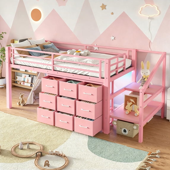 Bellemave Low Loft Bed with Stairs & LED Lights, Twin Size Loft Beds with 9 Drawers and Bookcase, Metal Multi-Storage Loft Frame with Under-Bed Spaces,Pink