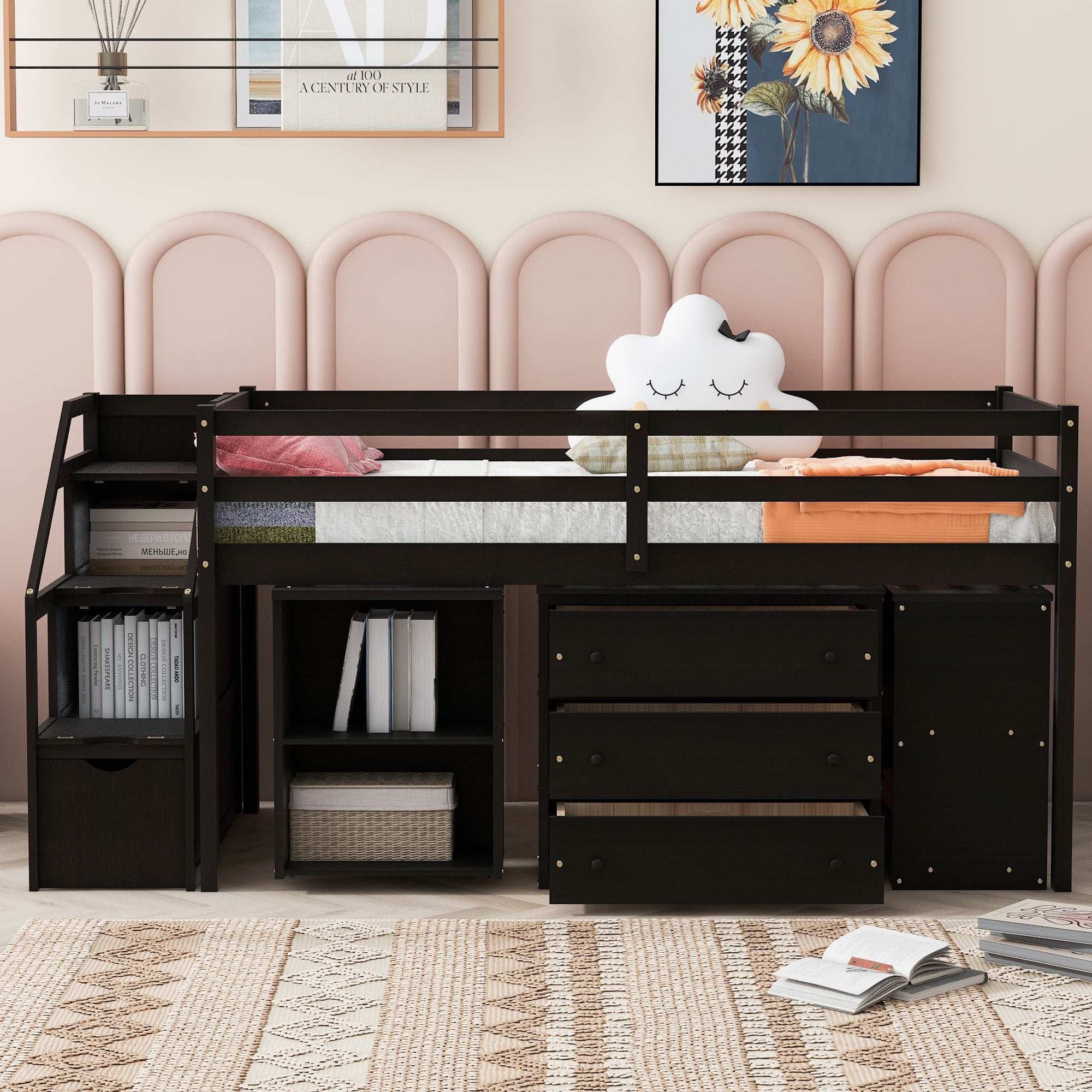 Bellemave Wooden Low Loft Bed with Stairs, Movable Desk and Storage ...