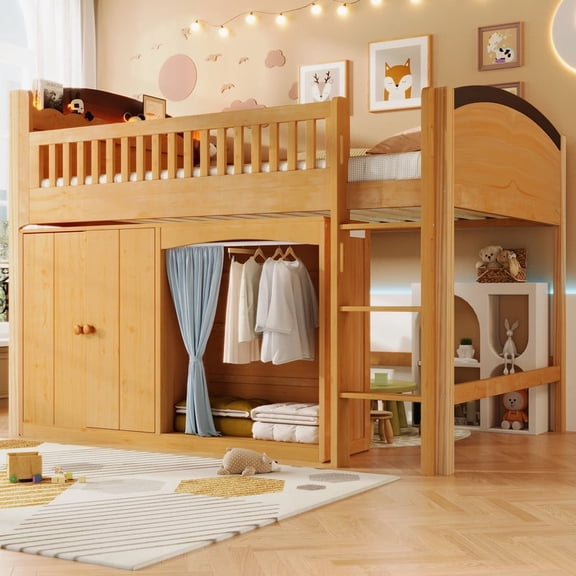 Bellemave Low Loft Bed with Storage and LED Lights, Twin Size Loft Beds Frame with Wardrobe and Cabinet,Wood Space-Saving Junior Loft Bed with Curtain and Under-Bed Play Space (Natural)