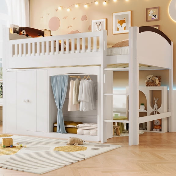 Bellemave Low Loft Bed with Storage and LED Lights, Twin Size Loft Beds Frame with Wardrobe and Cabinet,Wood Space-Saving Junior Loft Bed with Curtain and Under-Bed Play Space (White)