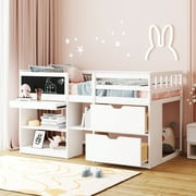 Bellemave Low Loft Bed with Storage, Solid Wood Twin Size Loft Bed with Drawers and Shelves, Twin Bed Frame with Chalkboard for Kids,Toddler Loft Bed with Ladder White