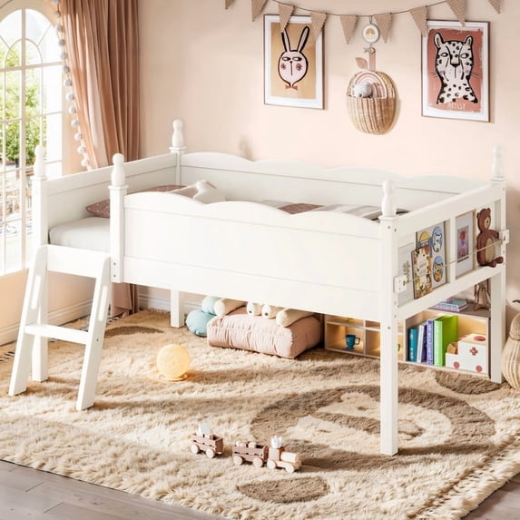 Bellemave Low Loft Bed Twin Size with Bookshelf, Wood Kids Loft Frame with Ladders & Full-Length Guardrails, Low Profile Bed with Slats for Kids, No Box Spring Needed, Beige