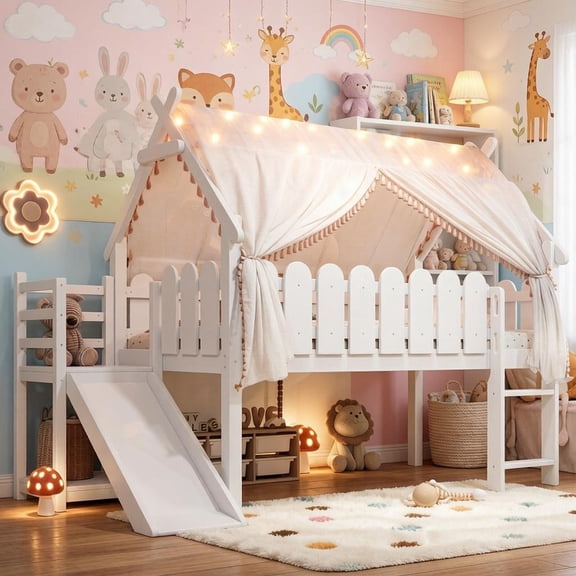 Bellemave Low Loft Bed Twin Size with Slide, Wooden House Loft Bed with LED Lights & Storage Shelves, Low Profile Bed Frame with Round Shape Guardrails for Kids, White