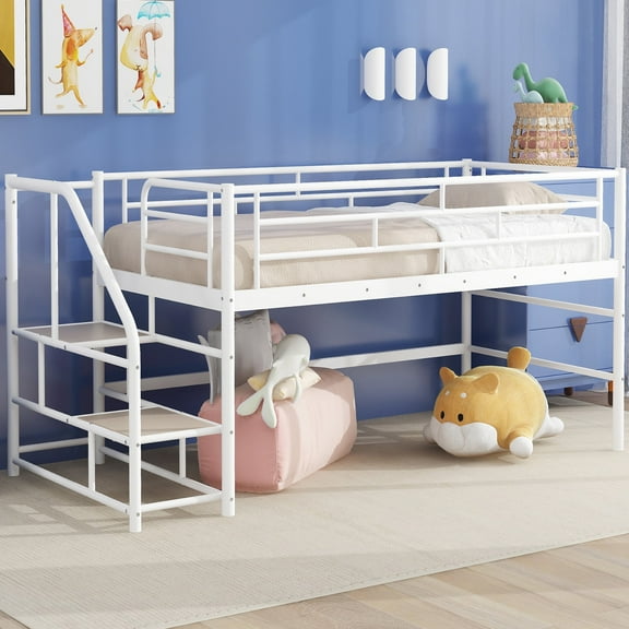 Bellemave Low Loft Bed with Stairs, Metal Twin Size Junior Loft Bed Frame with Steps, Space-Saving Loft Bed for Bedroom (White)