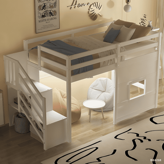 Bellemave Low Loft Bed with Stairs, Twin Size Loft Bed with Storage Space, Wood Loft Bed Frame for Bedroom (White)
