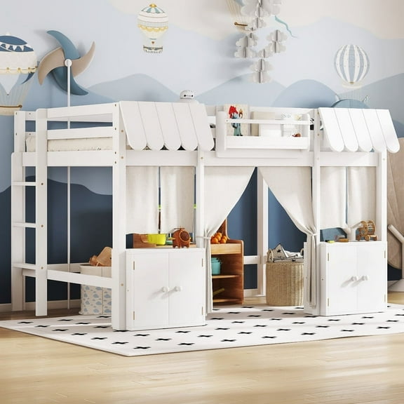 Bellemave Low Loft Bed with Storage Cabinet, Full Size Loft Bed with Curtain and Bookcase,Wood Loft Under-Bed with Play Space(White)