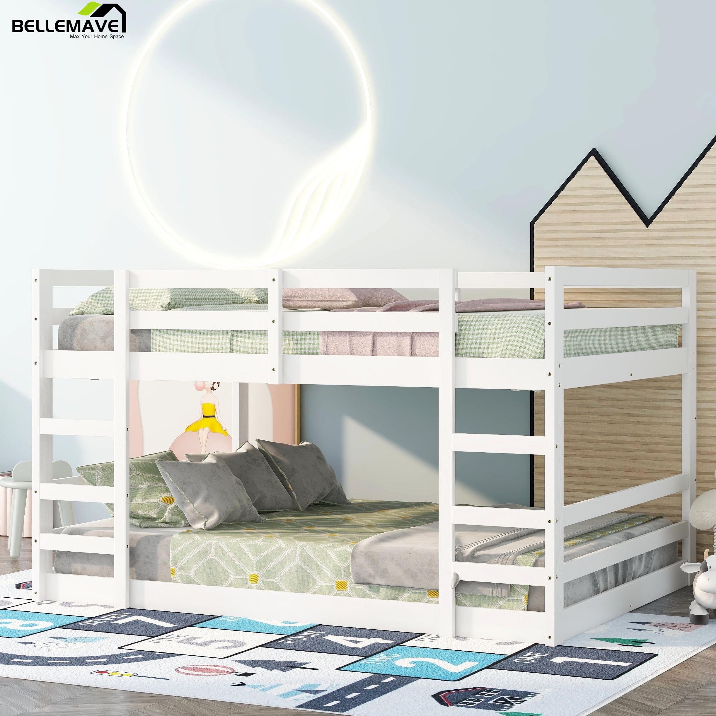 Bellemave Low Twin Over Twin Bunk Beds, Juniors Floor Bunk Bed with