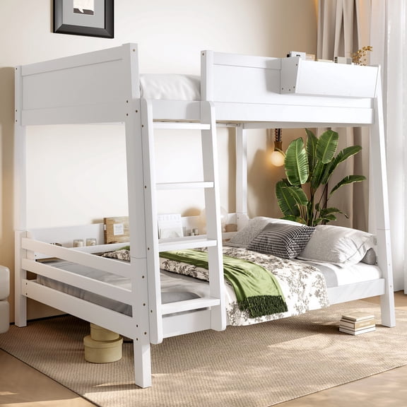 Bellemave Full Over Full Bunk Bed with Storage Bookcase, Solid Wood Convertible Bunk Bed Frame with Shelves and Ladder, Can Be Divided Into Two Full Size Bed, No Box Spring Needed (White)