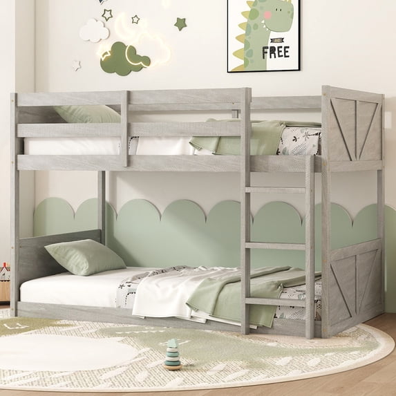 Bellemave Low Twin Over Twin Bunk Bed for Kids/Junior, Solid Wood Floor Bunk Bed Frame with Guardrails and & Ladder, Toddler Bunk Beds with Headboard & Footboard, No Box Spring Needed (Antique White)