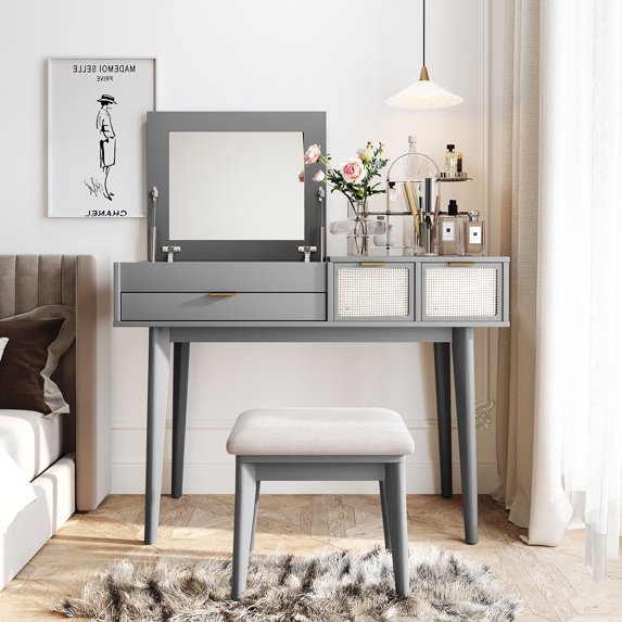 Bellemave Makeup Vanity Table Set with Stool, Vintage Vanity Desk with Flip top Mirror and Drawers Dressing Table with Jewelry Storage Compartments for Bedroom, Gray