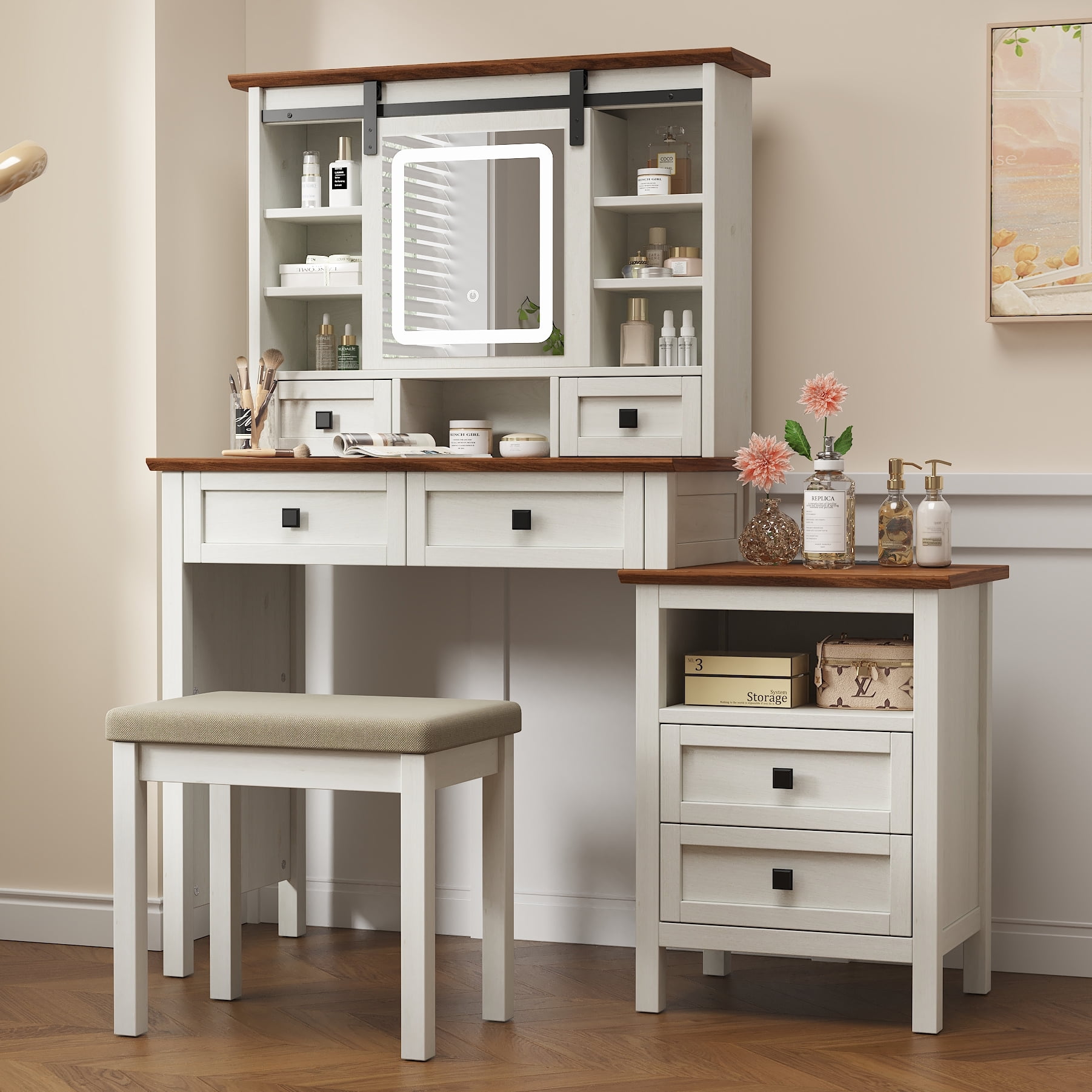 Bellemave Makeup Vanity Table Set with Upholstered Stool and Side