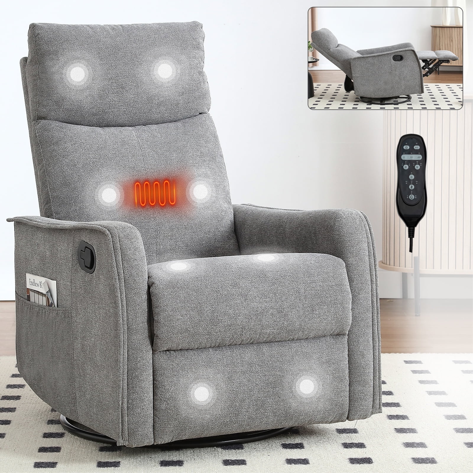 Bellemave Manual Recliner Chair with Massage and Heating Home Theater Recliner Rocking Chair Rocker Chair with High Back in Fabric for Living Room, Bedroom (Gray)
