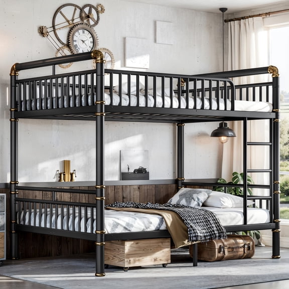 Bellemave Metal Bunk Bed Full Over Full, Upgraded Round-Pipe Industrial Bunk Beds Frame, Industrial Modern Design for Kids Teens Adults-Black