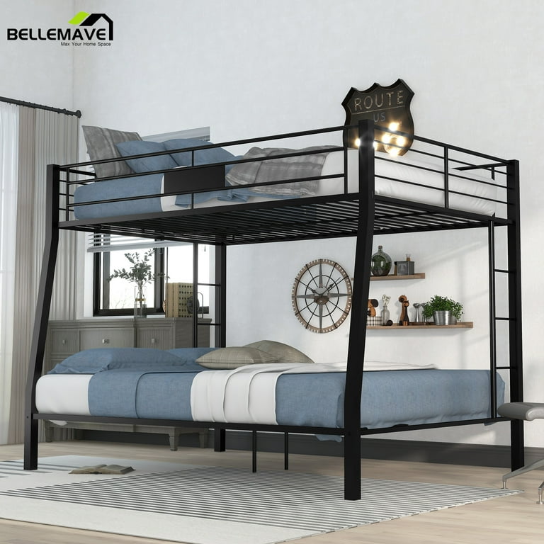 Bellemave Metal Bunk Bed Full XL over Queen Heavy Duty Bunk Bed Frame with 2 Ladders for Adults Teens or Kids Black