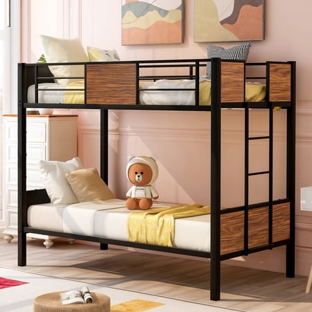 Bellemave Metal Bunk Bed Twin Over Twin Size, Heavy Duty Bunk Beds Sturdy Frame Built-in Ladder, Modern Style Bunk Bed with 12" Under-Bed Storage for Teen & Adults, Teens(Black)