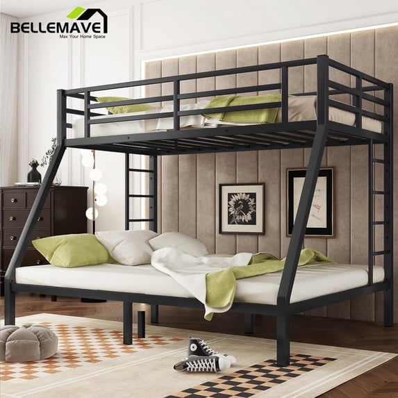 Bellemave Metal Bunk Bed Twin XL over Queen Bunk Bed for Adults, Teens, Heavy Duty Queen Bunk Bed Frame with Ladder and Full-Length Guardrails, No Box Spring Needed, Black