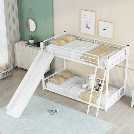 Bellemave Metal Bunk Bed with Slide, Low Twin Over Twin Bunk Bed Frame with Inclined Ladders for Teens (White)