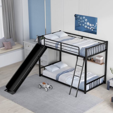 Bellemave Metal Bunk Bed with Slide, Low Twin Over Twin Bunk Bed Frame with Inclined Ladders for Teens (Black)