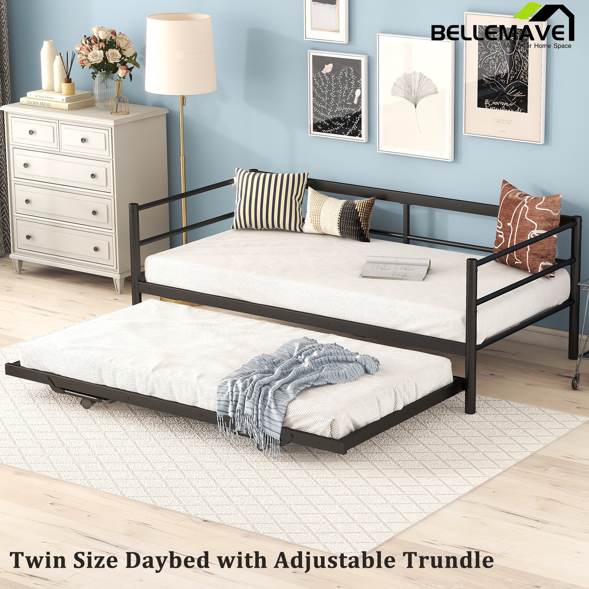 Bellemave Metal Daybed with Trundle/Pop Up Trundle, Twin Size Daybed