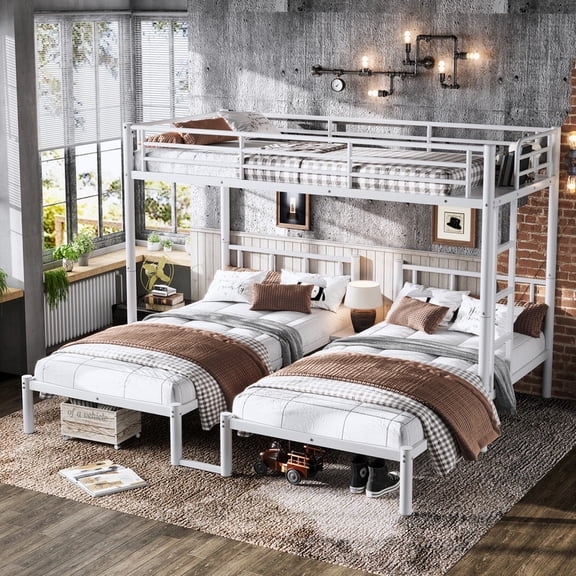 Bellemave Triple Bunk Bed Frame,3 Twin Size Bunk Bed Can Be Separated into 3 Single Beds for Bedroom，Metal Triple Bed Built-in Shelves for 3 (White)
